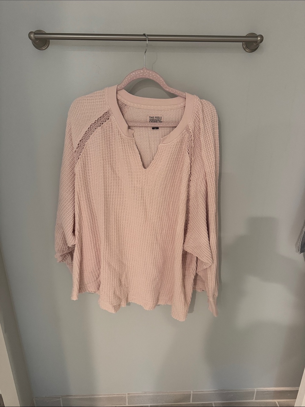American Eagle Outfitters Light Pink Waffle Knit Notch-Neck Sweatshirt